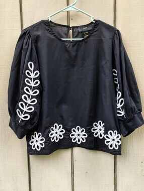 Rain Black White Top Embroidered Flower Cut Outs Whimsical 100% Cotton Peasant